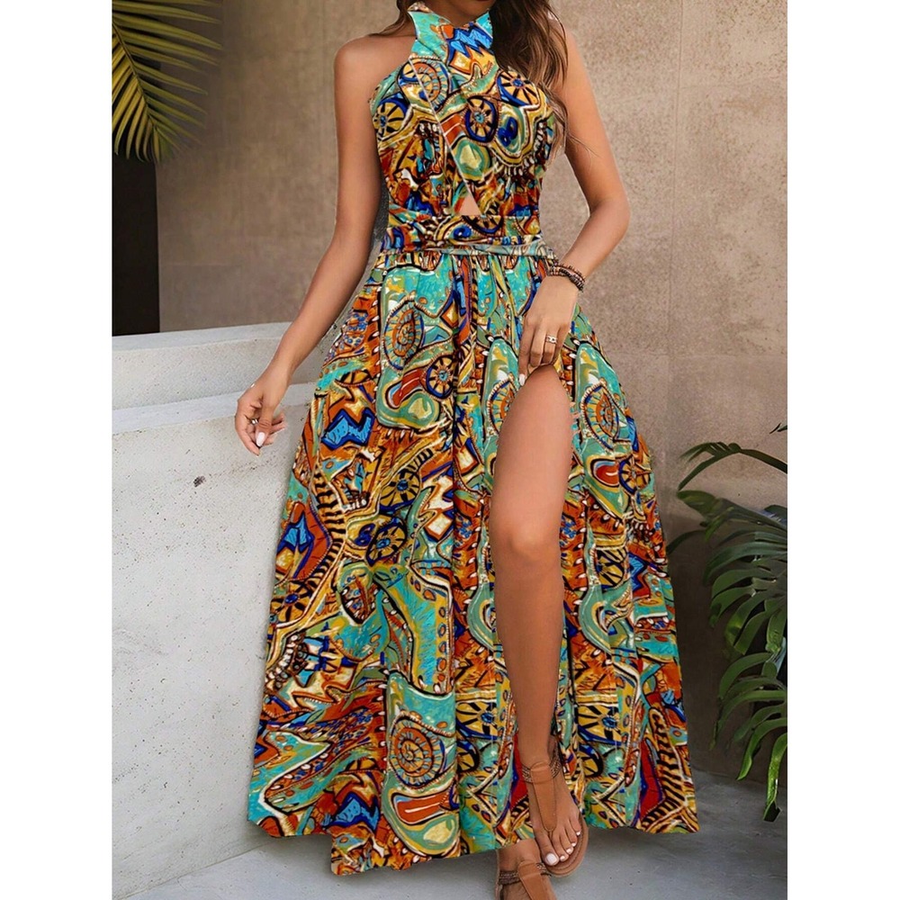 SHEIN Women's M Floral Print‎ Vacation Halter Neck Tie Waist Split Dress Maxi Ou